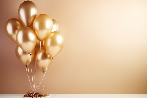 Photo gold balloons bunch on a pastel wall background