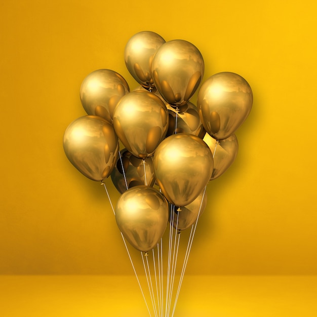 Gold balloons bunch on a yellow wall background. 3D illustration render