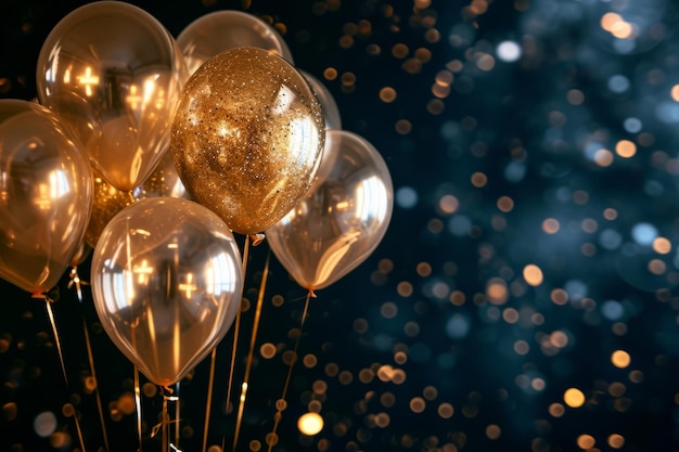 Photo gold balloons on a dark background
