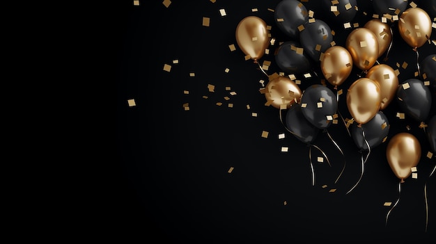 gold balloons and foil confetti falling on black background