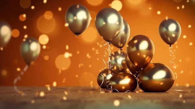 Gold balloons and gold glitters on a table