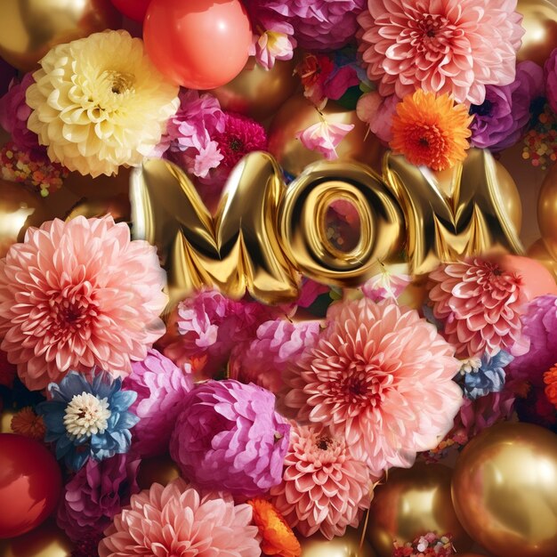 Gold balloons in the shape of the text mom happy mothers day concept surrounded with colorful