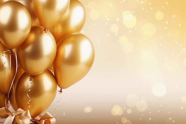 Gold balloons with bow and ribbons on bokeh background