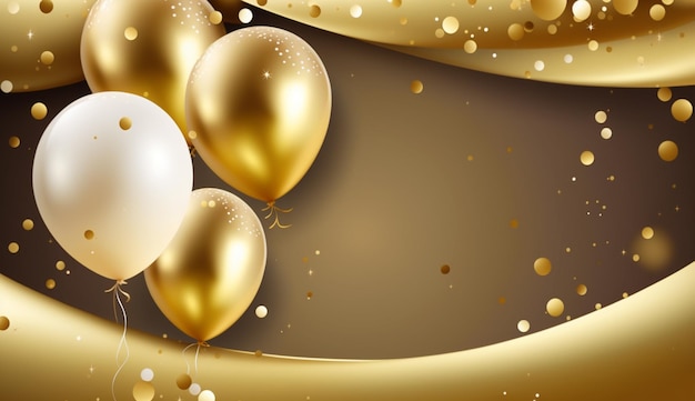 Фото Золотые воздушные шары с конфетти и лентами на золотом фоне празднование дня рождения фон генеративный ai