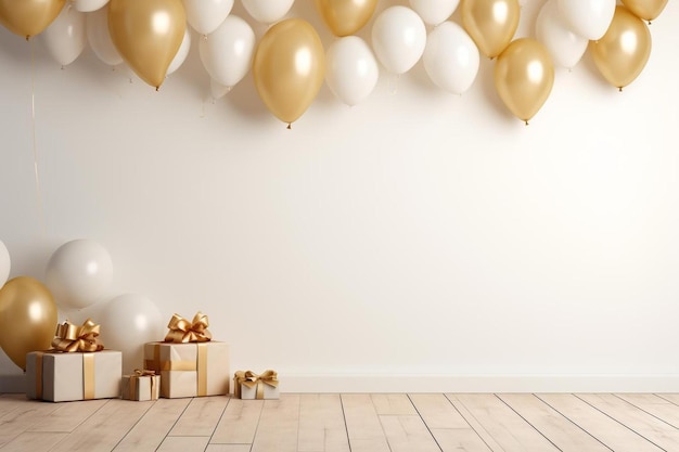 gold balloons with a gift box and a gift box with a gift box on the wall.