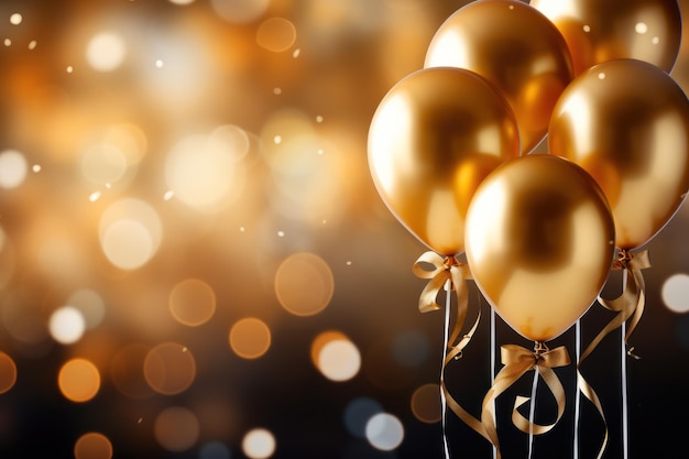 Gold balloons with ribbons on bokeh background