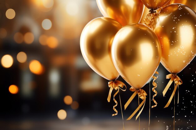 Gold balloons with ribbons on bokeh background