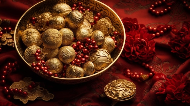 Gold balls in a bowl with red beads