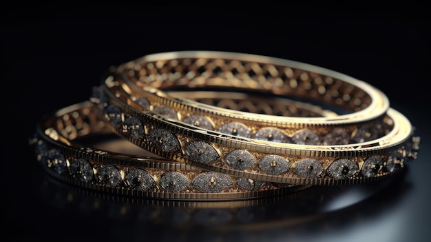 A gold bangle with diamonds on it sits on a black surface.