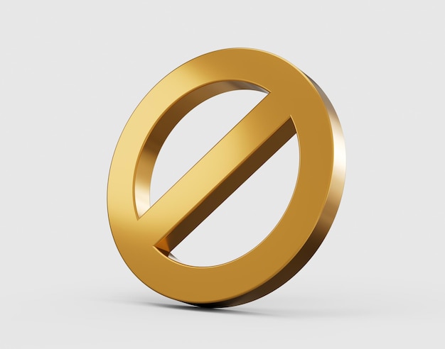 Photo gold banned icon button and no or wrong symbol isolated on white background 3d illustration