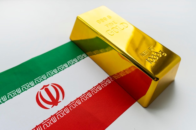 Gold bar is on the national flag of iran iranian Gold Reserve concept