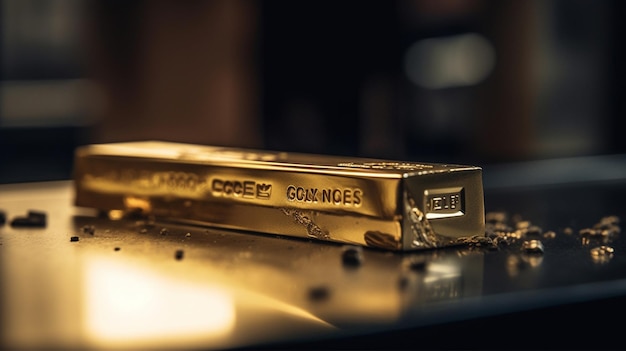 A gold bar is on a table.