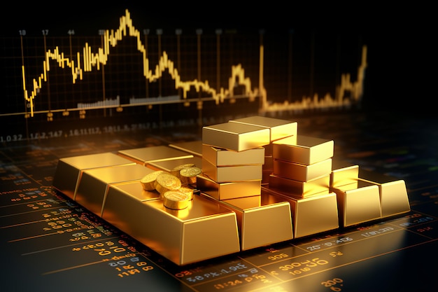 Photo gold bar resting on a stocks and shares graph representing investment digital ai art
