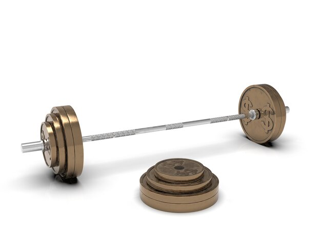 Gold barbell made of a dollar coin on a white background 3drendering