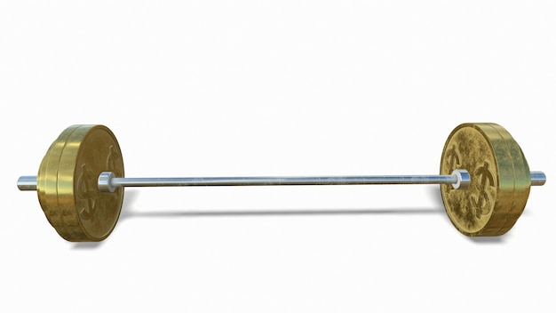 Gold barbell with a dollar sign on a white background 3drendering