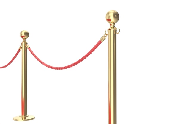 Gold barrier with red rope. 3d illustration isolated on white.