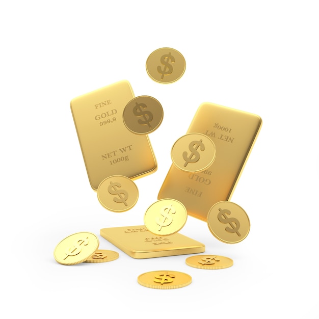 Gold bars and coins are falling 3d