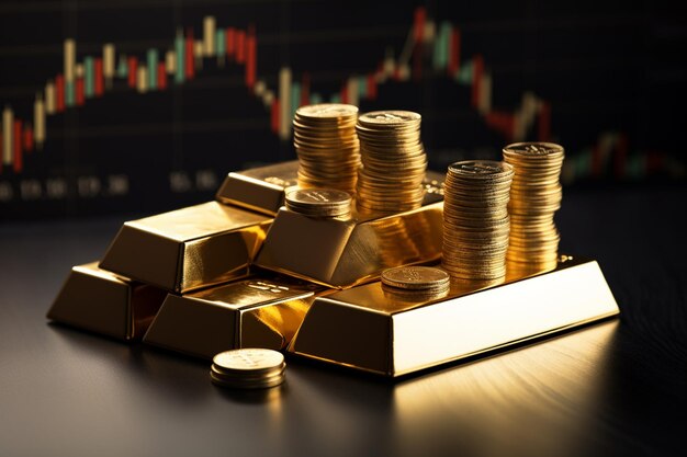 Gold bars and coins on the background of the financial chart Business concept