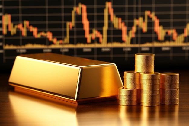 Gold bars and coins on the background of the financial chart Business concept