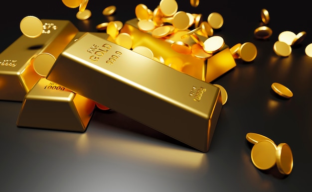 Gold bars and coins on black wall 3D Render