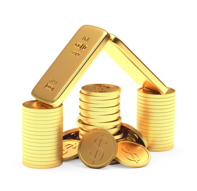 Gold bars and coins stacked in the form of home