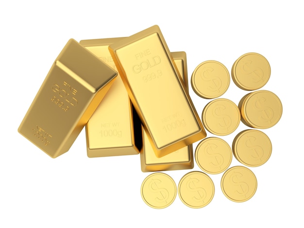 Gold bars and coins top view