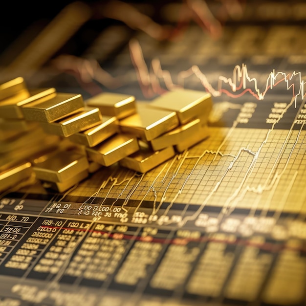 Photo gold bars front of a big trading chart screen