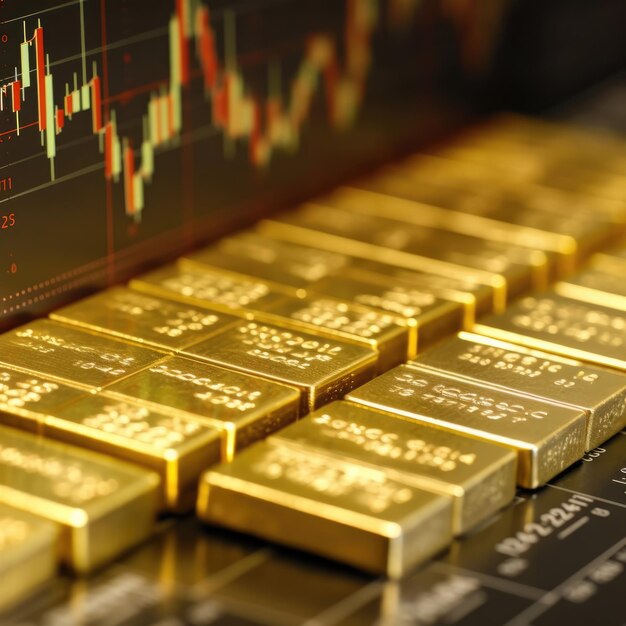 Gold bars front of a big trading chart screen