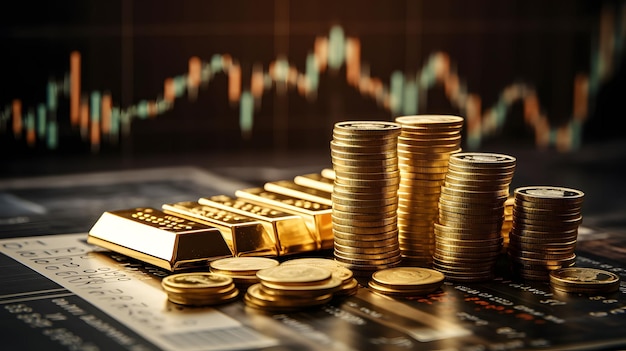 Золотые слитки и кучи золотых монет Финансовые торговые диаграммы Финансовая инвестиционная бизнес-концепция Генеративный ИИ