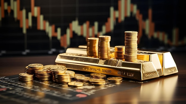 Золотые слитки и кучи золотых монет Финансовые торговые диаграммы Финансовая инвестиционная бизнес-концепция Генеративный ИИ