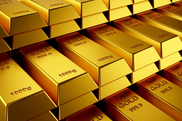 Gold bars for website banner. 3D rendering of gold bars.