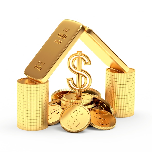 Gold bars with coins and dollar sign