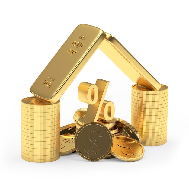 Gold bars with coins and percent sign