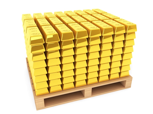 Photo gold bars with wooden pallet on a white background