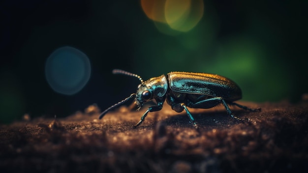 A gold beetle sits on a log in the dark.