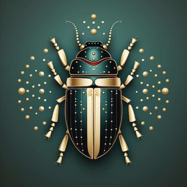 A gold beetle with jewels and pearls on a green background