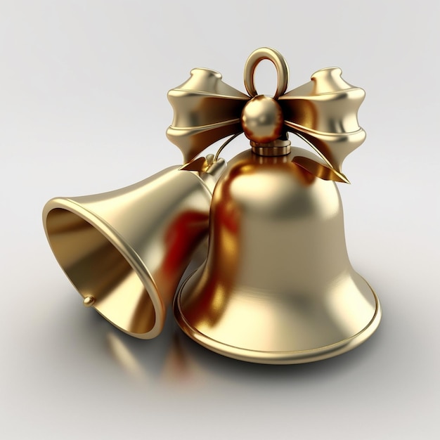 A gold bell with a bow is next to a silver background.