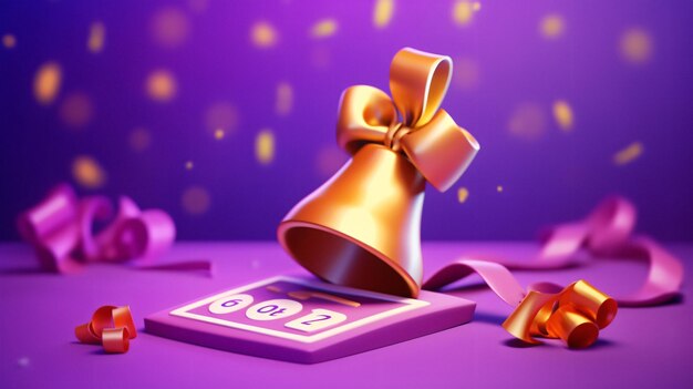 A gold bell with a bow on it sits on a purple background.