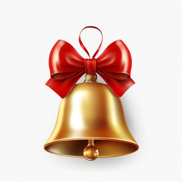 a gold bell with a red bow