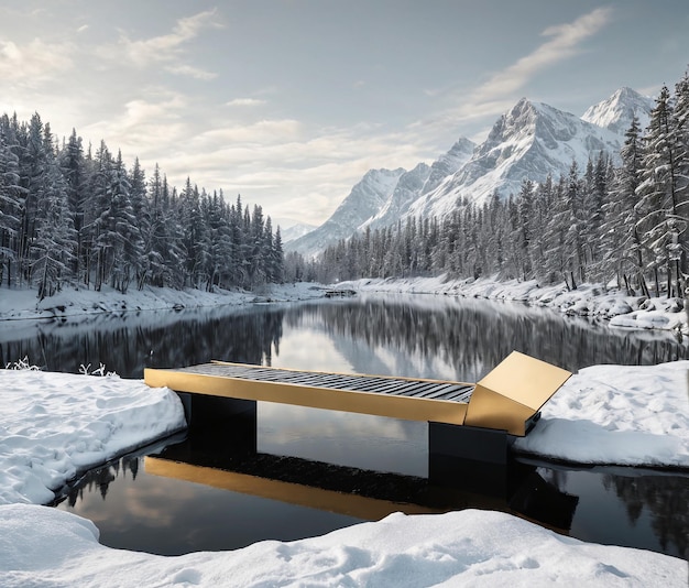 a gold bench in the snow