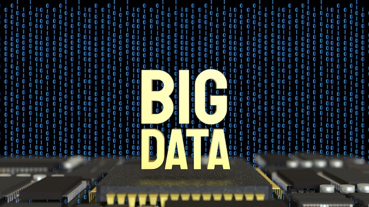 Photo the gold big data on pcb board for technology concept 3d rendering