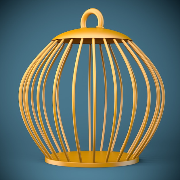 Gold bird cage on blue background