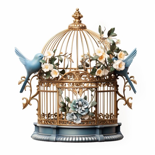 Gold bird cage image with flowers and leaves