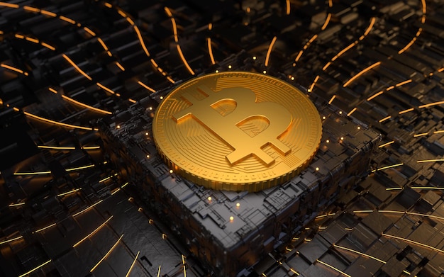 ゴールドビットコインコイン暗号通貨のロゴと抽象的な技術的背景