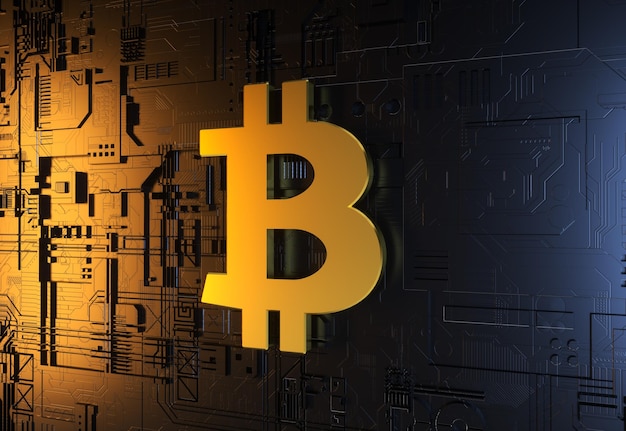 Gold bitcoin coin logo on abstract background