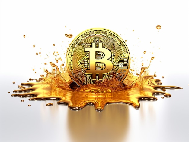 Gold bitcoin coin melted down White background