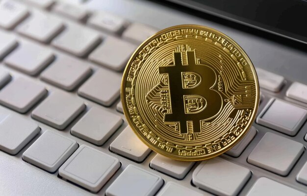 Foto una moneta d'oro bitcoin posta su una tastiera di computer