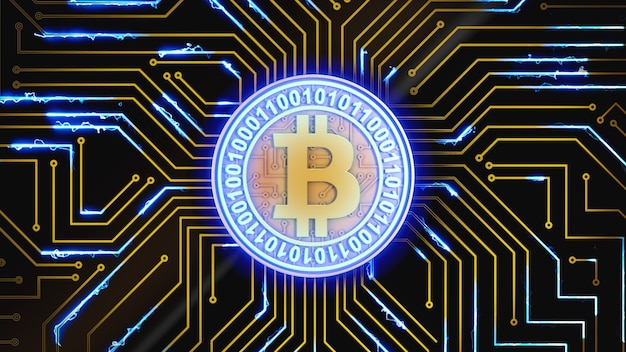 a gold bitcoin coin pulsates with blue light on a circuit board 3d render