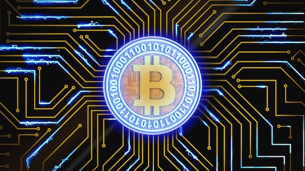 Foto una moneta bitcoin d'oro pulsa di luce blu su un circuito stampato 3d rendering