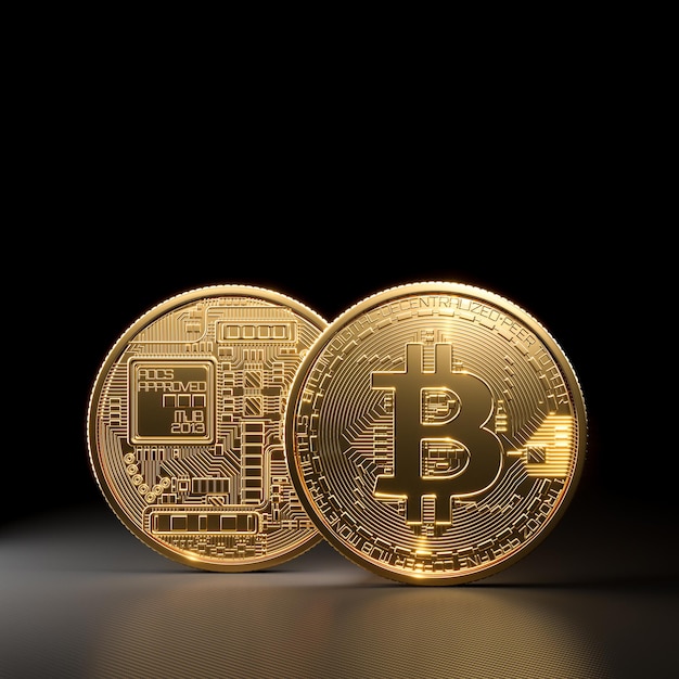 Monete bitcoin d'oro davanti e dietro